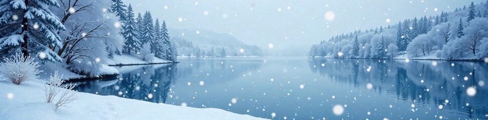 Dense snowflakes fall softly on the frozen lake, whiteout, winter wonderland