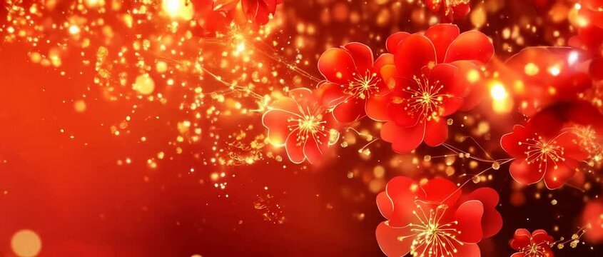 Anamorphic video a Happy Chinese new year, beautiful flowers on red background. Copy space