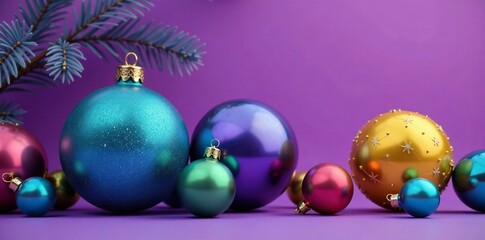 Obraz premium Blue, green and yellow multicolored Christmas balls on a purple background, background, ornaments