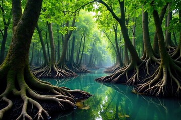 Dense mangrove forest with twisted tree trunks and tangled roots, Forest, Jungle