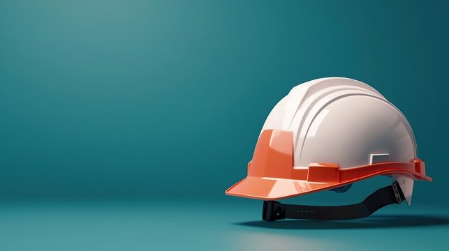 A safety helmet with an orange stripe rests on a teal background, symbolizing construction and workplace safety.
