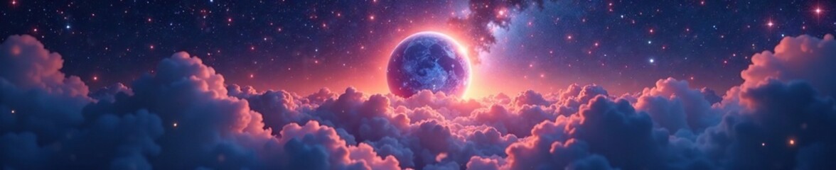 Spherical void amidst a sea of glowing mist and stars, surreal, abstract