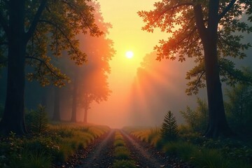 The sun's warm rays illuminating a foggy forest with misty foliage, fog, overcast, landscape