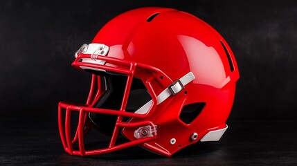Fototapeta premium A vibrant red football helmet with sleek design and protective features. Perfect for representing athleticism and team spirit in sports-related imagery.