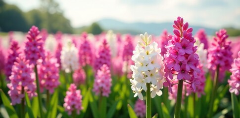 Obraz premium Field of pink and white hyacinths swaying in wind, hyacinth, field