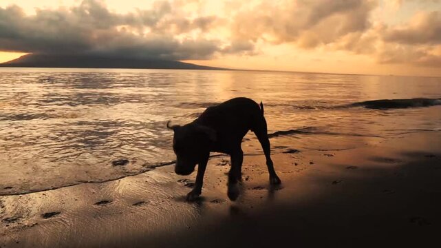 red nose pitbull playing on the beach.
