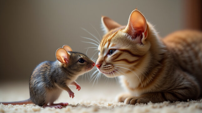 An orange cat and brown mouse staring at each other nose to nose. Animal curiousity. Unlikely companions.