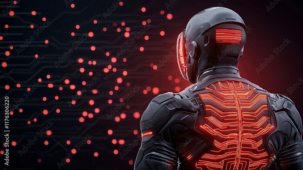 Poster a futuristic figure in a sleek, high-tech suit with glowing red circuits stands against a dark, digi