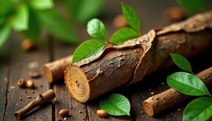 Whole dried Arjuna bark with leaves and twigs, botany, forest, herbage