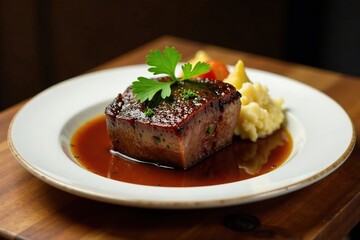 Oxtail served on plate garnished with parsley, parsley, meat, juicy