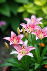 Fototapeta premium Pink and white lilies in a lush garden amidst greenery, pink, summer, petals