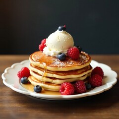 Stack of warm pancakes with fresh ice cream and berries, plate, syrup
