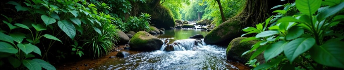 Cascading stream in the heart of a rainforest, natural, environment, waterfall