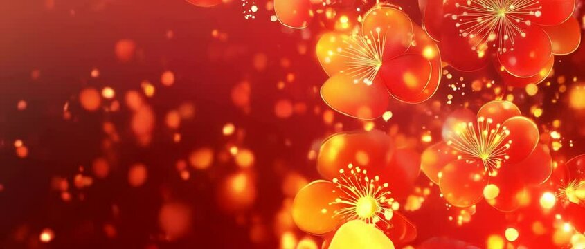 Anamorphic video a Happy Chinese new year, beautiful flowers on red background. Copy space