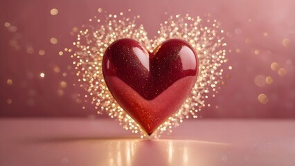 Valentine&rsquo;s Day card with a large glossy red heart centered on a soft pink background, surrounded by subtle glowing light and golden sparkles.
