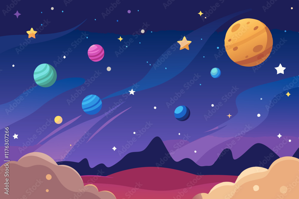 Poster whimsical seamless design of floating planets surrounded by twinkling stars.