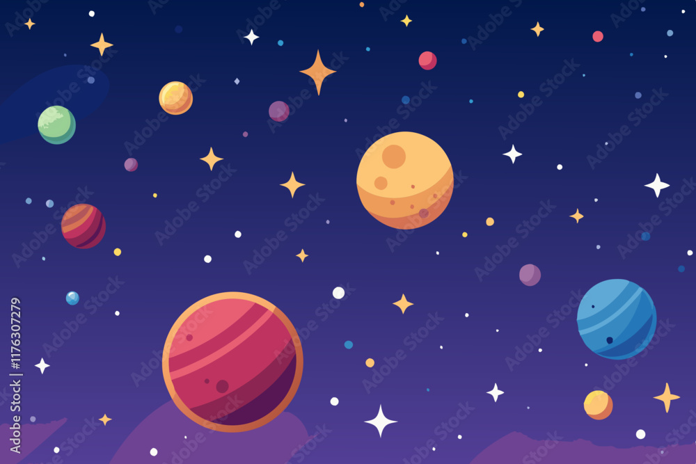 Poster intricate galactic pattern of planets and stars in a playful yet stylish design.