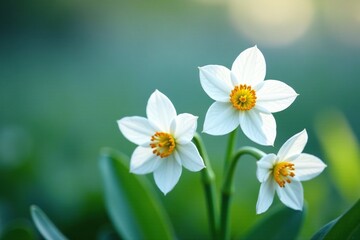 Delicate white and yellow flowers of Zephyranthes candida, white buds, , arctic blue