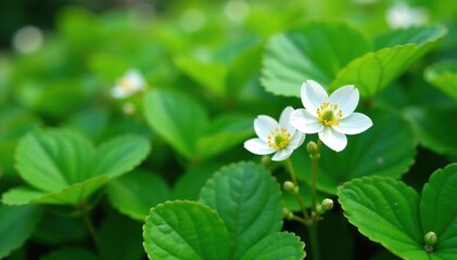 Delicate white flowers with strawberry-like petals among lush green leaves, landscape, foliage, nature