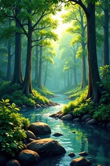 Obraz premium A tranquil forest scene with a winding river and towering trees, forest, calm