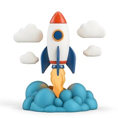 Colorful Rocket and Clouds in a Playful 3D Style Illustration