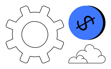 Gear, dollar sign in blue circle, and cloud convey mechanics, finance, and cloud technology themes. Ideal for business, technology, finance, innovation engineering cloud services digital
