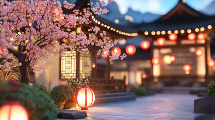 Obraz premium serene temple courtyard illuminated by glowing red lanterns, surrounded by blooming cherry blossoms and traditional architecture, creating tranquil and festive atmosphere