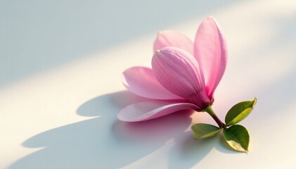 Naklejka premium single magnolia flower on a plain white surface with a small leaf beside it, flowers, morningglow