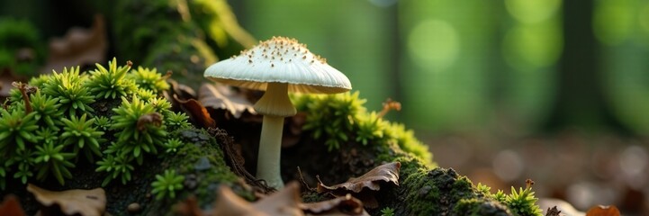 Fototapeta premium A white mushroom growing out of the roots of an ancient tree stump, natural, forest