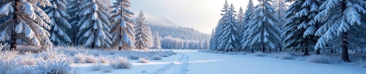 Naklejka premium Frosty forest landscape with snow-covered trees and scattered frosty icicles, winter scenery, nature