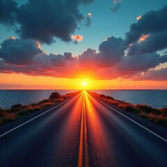 Naklejka premium Road stretches out to sea horizon at golden sunset, sunset, seagull, empty