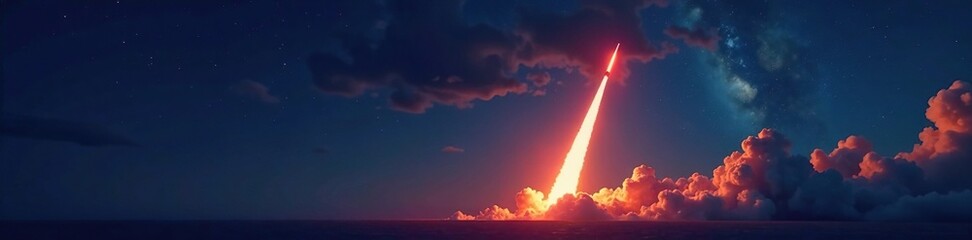 Rocket's trajectory illuminated against darkening blue background with stars twinkling in the distance, red rocket launching, fiery explosion, launches