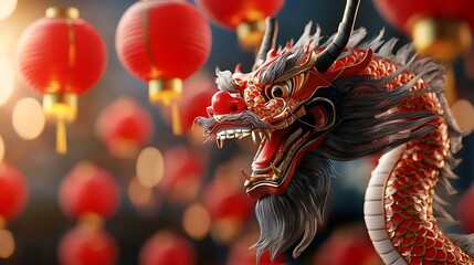 Vibrant red dragon dancers moving through a sea of glowing red lanterns at a traditional Chinese festival The mythical creature costume ornate design