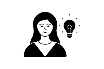 Creative Woman with Light Bulb Idea in Minimalist Black and White Icon