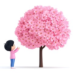 Child Admiring Pink Blossom Tree in Springtime Garden Setting