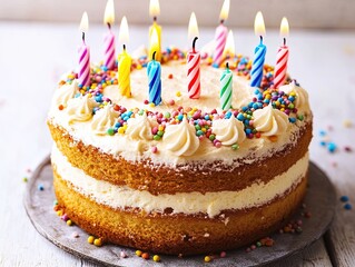 A colorful birthday cake topped with candles and sprinkles, perfect for celebrations.
