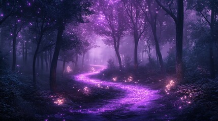 Fototapeta premium Enchanting purple forest path with glowing lights and fog.