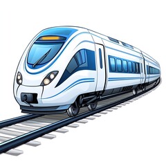 Fototapeta premium Modern High-Speed Train Racing on Tracks in Bright Blue and White