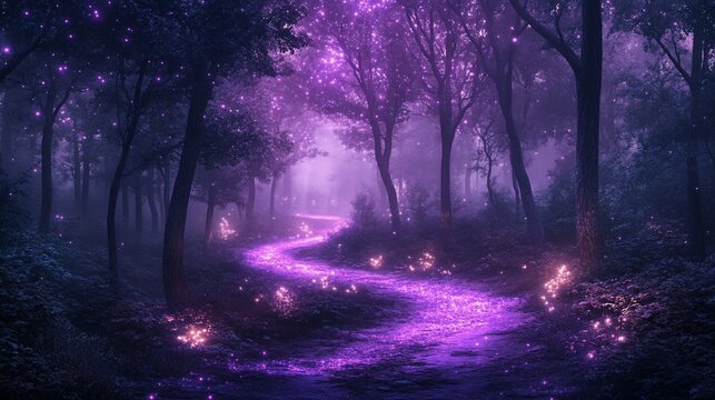 Enchanting purple forest path with glowing lights and fog.