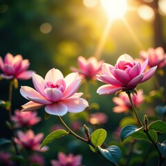 Fototapeta premium Blooming rose magnolia flowers in a lush garden with sunlight, flowers, garden