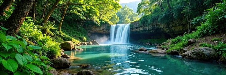 Fototapeta premium Cascading waterfalls amidst verdant vegetation, serenity, , nature scenery