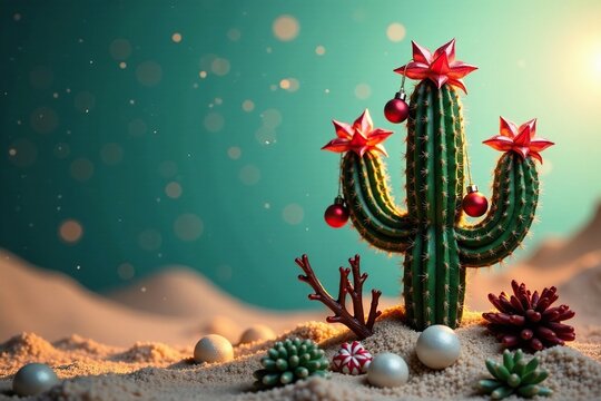 Desert Christmas cactus adorned with ornaments, branches, decoration