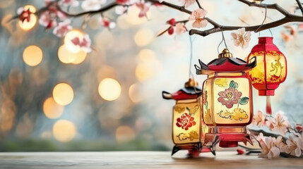 Traditional Chinese lanterns with floral designs hang from blossoming tree branch, creating festive and serene atmosphere with soft bokeh lights in background