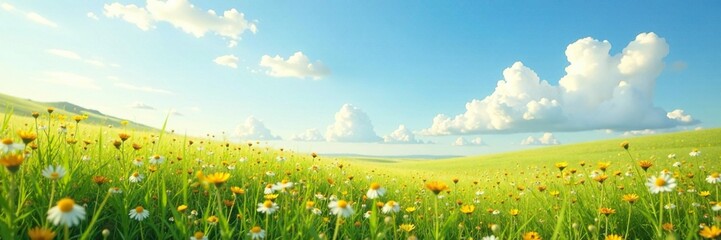 Fototapeta premium Gentle breeze rustles through wispy clouds in a misty meadow, wistful, meadow, breezy