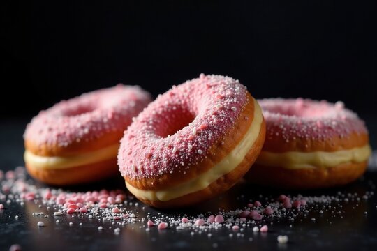 donas glaseadas en un fondo oscuro con chispas, iluminacion, donas glaseadas de chocolate
