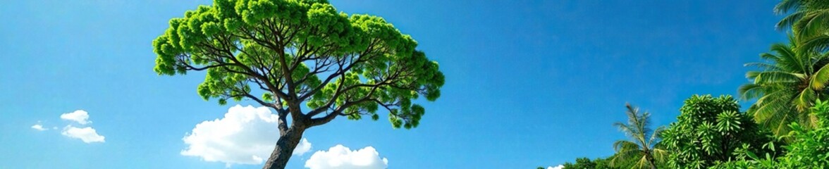 Tall Borassus flabellifer tree against a bright blue sky with few clouds, trees, foliage, tropical