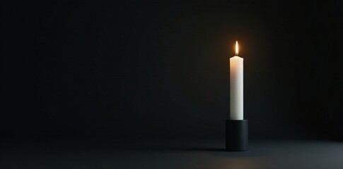 Tall white candle in sleek black holder against the backdrop of darkness, solitary darkness, simplicity, white light