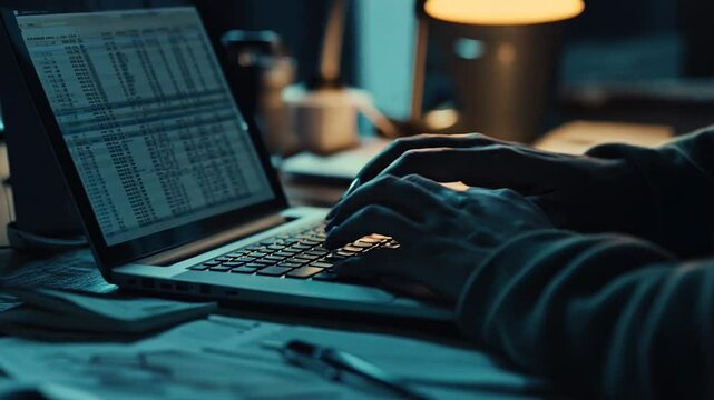 A workspace scene featuring hands typing on a laptop surrounded by scattered documents. The dim lighting creates a focused and introspective atmosphere, ideal for illustrating concepts of work