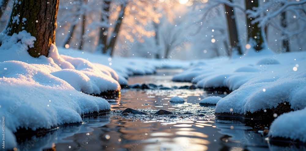 Poster Softly falling snowflakes on a serene winter stream, peaceful, snowy