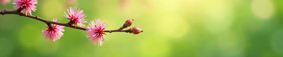 Obraz premium Light green and pink fluffy balls on branches, spring willow,